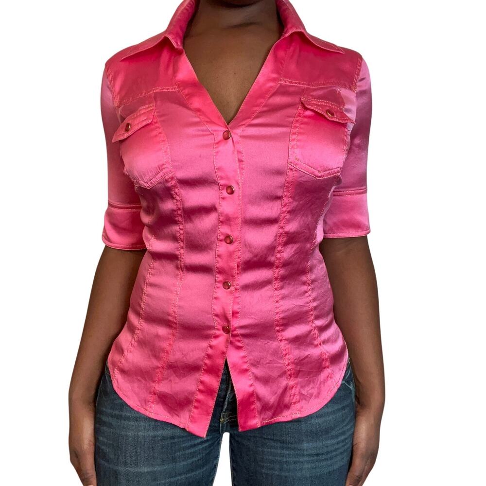 Cache Hot Pink Button-Up Silk Blouse, Small